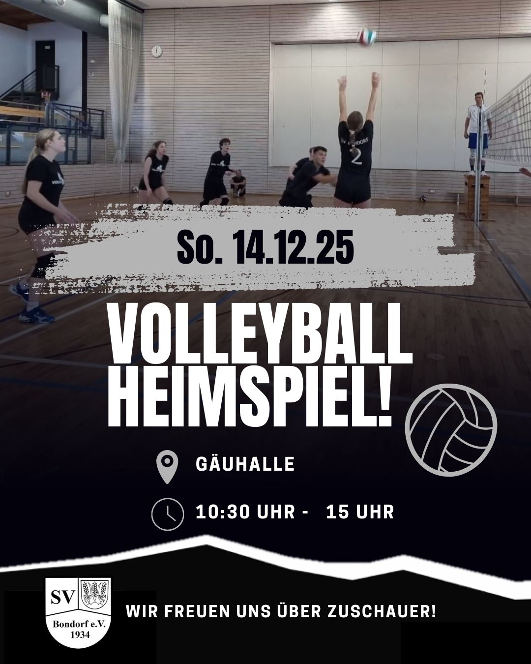 Werbeflyer zum Heimspiel am 14.12.2025.  Hinter der Schrift sind unsere Spieler:innen der 3. Mannschaft zu sehen. 
